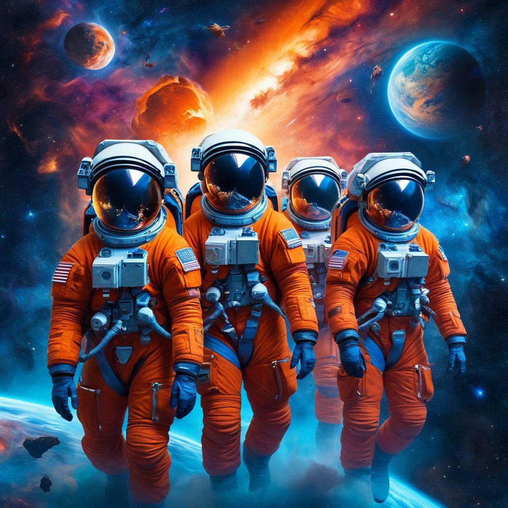 A mesmerizing scene showcasing a diverse group of astronauts adventuring through a vibrant nebula, depicting their transition from a thrilling spacewalk to joyous moments inside a futuristic spacecraft, with stars and planets in the background illuminating their excitement. Dynamic colors blending between deep blues and fiery oranges signify the journey of exploration and wonder. super-realistic. vibrant colors. outer space.