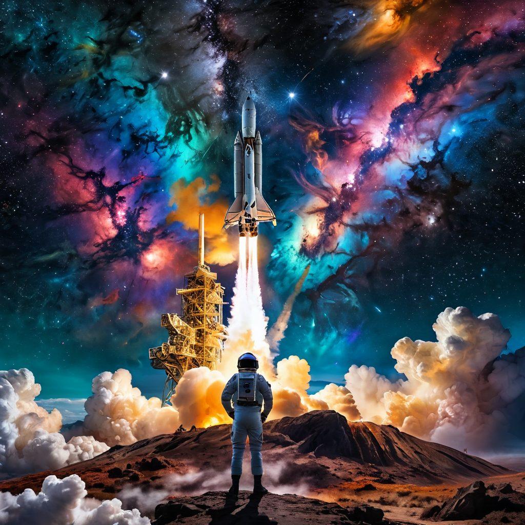 A breathtaking view of a colorful rocket launching into a starry night sky, surrounded by swirling galaxies and vibrant nebulae, capturing the excitement of space exploration. Include astronauts joyfully waving from the rocket's window, with Earth visible in the background. The image should evoke feelings of wonder and adventure, emphasizing the thrill of discovering the universe. super-realistic. vibrant colors. cosmic theme.