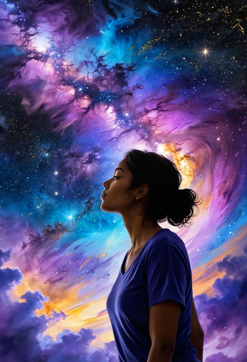 A serene night sky filled with vibrant, twinkling stars and a glowing, ethereal nebula. Beneath the cosmos, a silhouette of a person joyfully gazing up, embodying hope and optimism. Soft, swirling colors of purple, blue, and gold create a whimsical atmosphere, illustrating the theme of happiness amidst the vast universe. super-realistic. vibrant colors. painting.